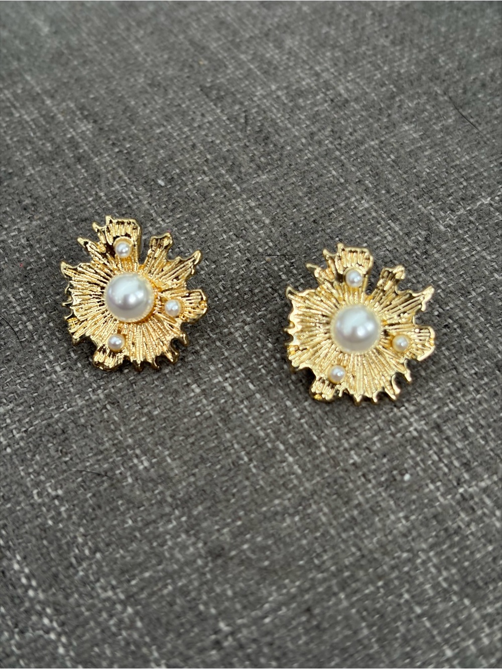 Gold Tone Floral Sunburst Faux Pearl Statement Stud Earrings